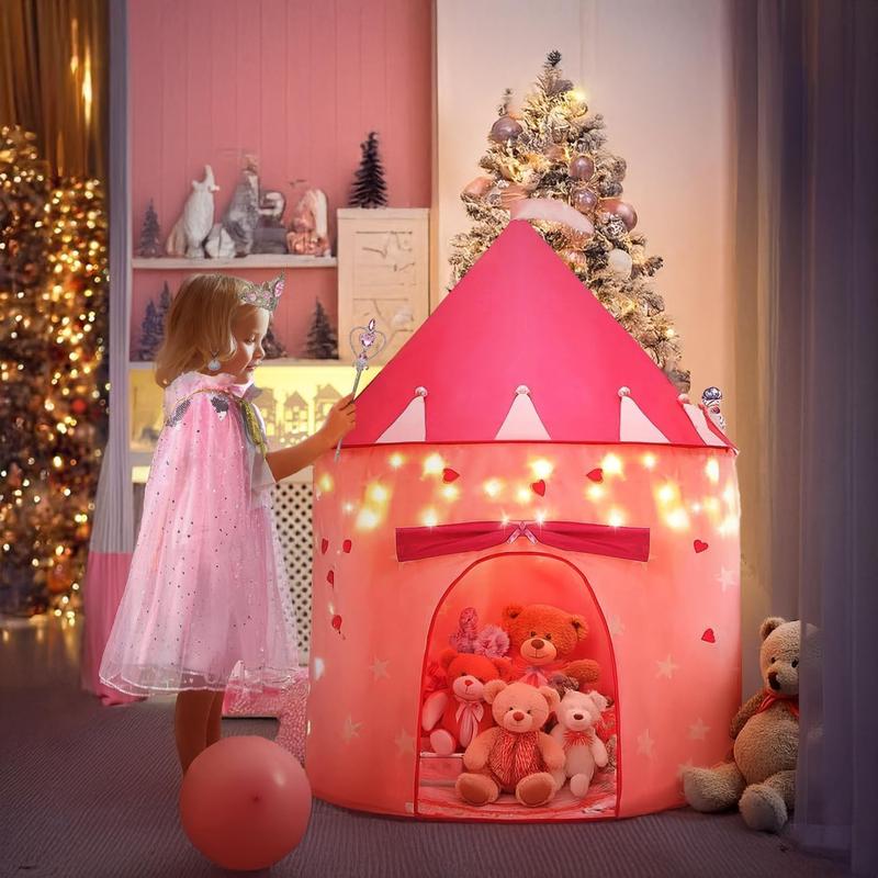 Christmas gift 13-Pcs Princess Castle Play Tent with LED Star Lights & Crown - Pink Princess Toy Tent for Girls | Indoor & Outdoor Playhouse