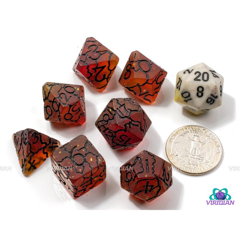 Magma Strike | Semi-Translucent Orange, Foil, Black Lightning Crack Design | Resin Dice Set (7)