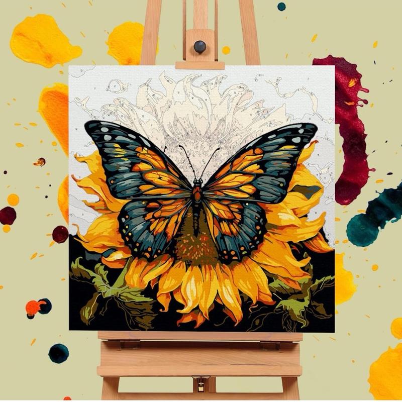 Framed Paint by Numbers Kit for Adults Beginners & Kids Ages 8-12, Butterfly Sunflower Acrylic Easy Paint by Number with Frame, Paint by Number Kits on Canvas Framed (10 * 10 Inch, without Easel)