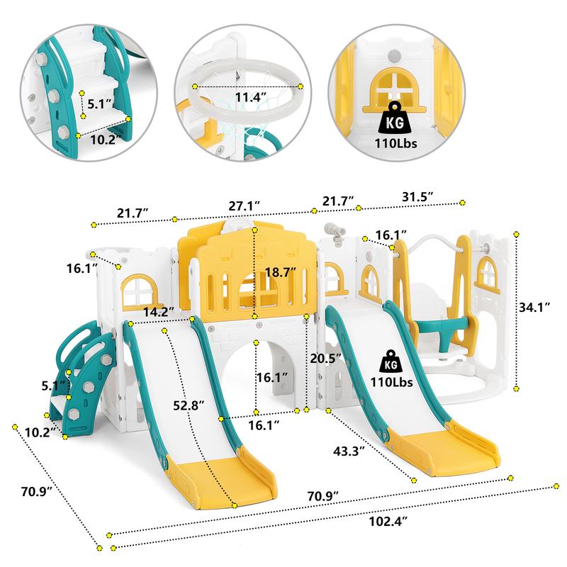 JOYLDIAS 10 in 1 Toddler Slide, Double Kid Climber Slide Playset w Swing, Basketball Hoop, Telescope, Tunnel, Storage Space and Non-Slip Steps, Indoor Outdoor Backyard Playground Toy for Toddlers