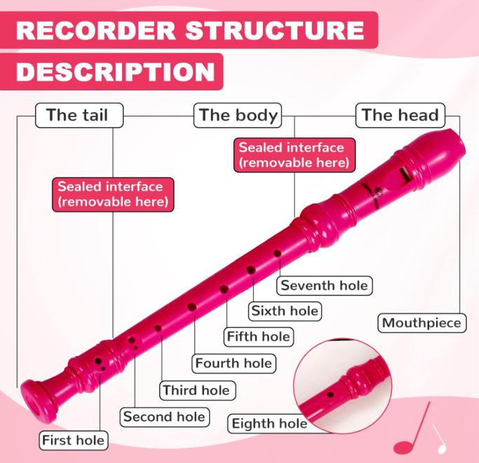 Soprano Recorder Instrument for Kids Student - German Fingering 8 Hole Flute ABS Descant Recorders for Beginners with Cleaning Rod and Bag, Pink