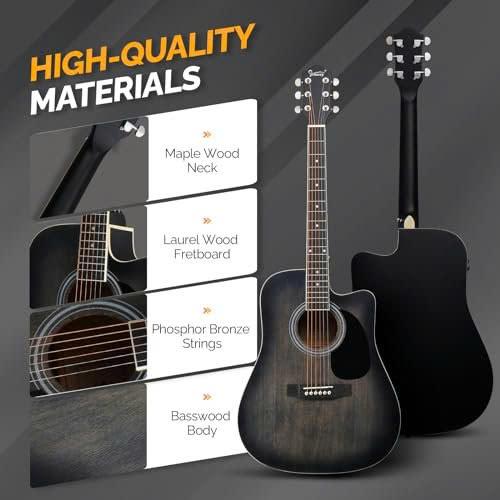 Full Size 6 Strings Acoustic Electric Guitar Beginner Kit, Cutaway 41 Inch Electric Acoustic Guitar w Inbuilt Tuner, Bag, Strap, Picks, Strings, Basswood Guitarra, Matte Distressed Black - SUNSET INSTRUMENTS