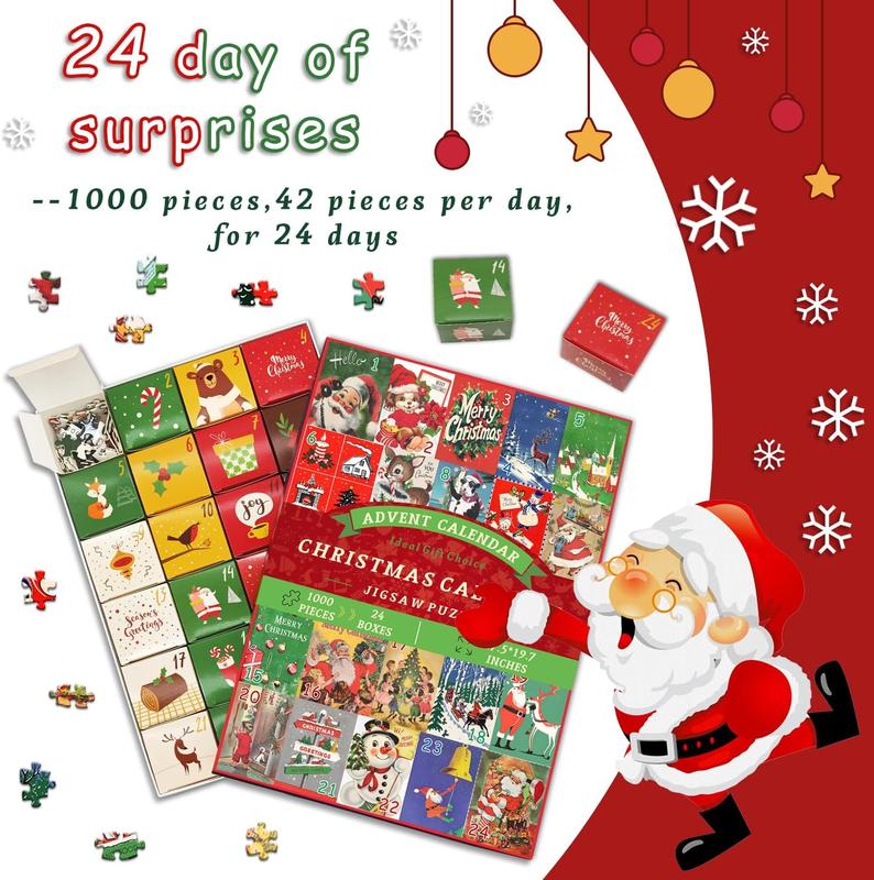 Christmas Puzzle, 2024 Advent Calendar gifts, Christmas Countdown Calendar 24 Days Jigsaw Puzzles, Vintage Holiday Christmas Postcards Puzzles as Christmas wall Decor, 1000 Pieces