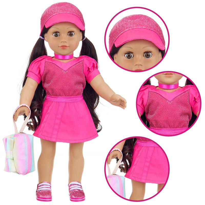 18 Inch Doll Clothes and Accessories Makeup Sets, Fashionable Dress for 18 Inch Girl Dolls, Cosmetic Bag Including Eye Shadow, Mascara, Comb, Shoes, Hat (Doll No Included)