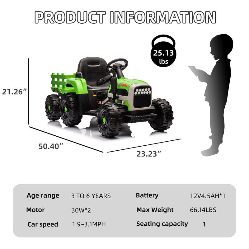 Ride on Tractor with Trailer,12V Battery Powered Electric Tractor Toy w Remote Control,electric car for kids,Three speed adjustable,Power display, USB,MP3 ,Bluetooth,LED light,Two-point safety belt