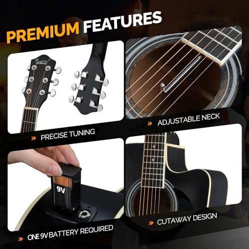 Full Size 6 Strings Acoustic Electric Guitar Beginner Kit, Cutaway 41 Inch Electric Acoustic Guitar w Inbuilt Tuner, Bag, Strap, Picks, Strings, Basswood Guitarra, Matte Distressed Black - SUNSET INSTRUMENTS