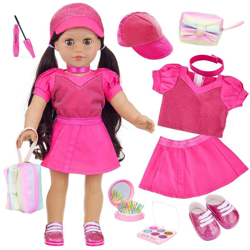 18 Inch Doll Clothes and Accessories Makeup Sets, Fashionable Dress for 18 Inch Girl Dolls, Cosmetic Bag Including Eye Shadow, Mascara, Comb, Shoes, Hat (Doll No Included)