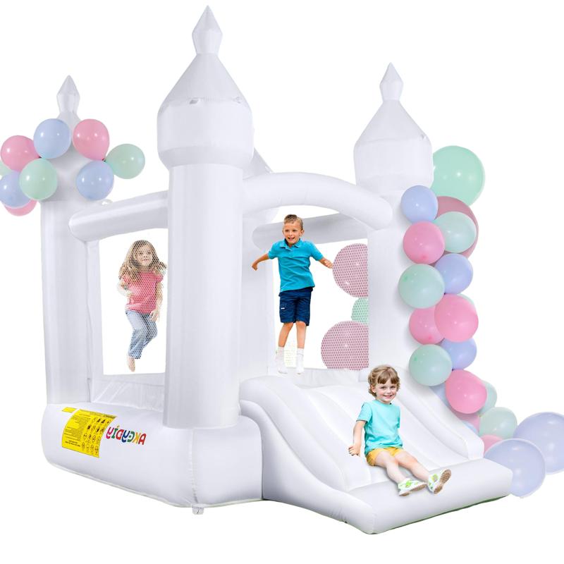 Whubefy White Bounce House, Inflatable White Bouncy Castle for Kids 3-10, Toddler Bouncy House with Slide, Blower, Floor Mat, Balloons, White Jumping Castle for Birthday Wedding Decoration ,Christmas Gifts