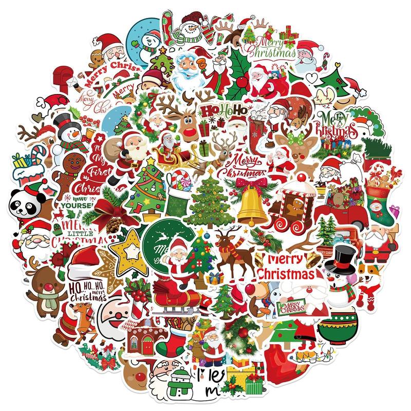 Christmas Themed Sticker, 100pcs set Self Adhesive Decorative Sticker, DIY Decals for Water Bottle Laptop Phone Case Scrapbooking Journal Making