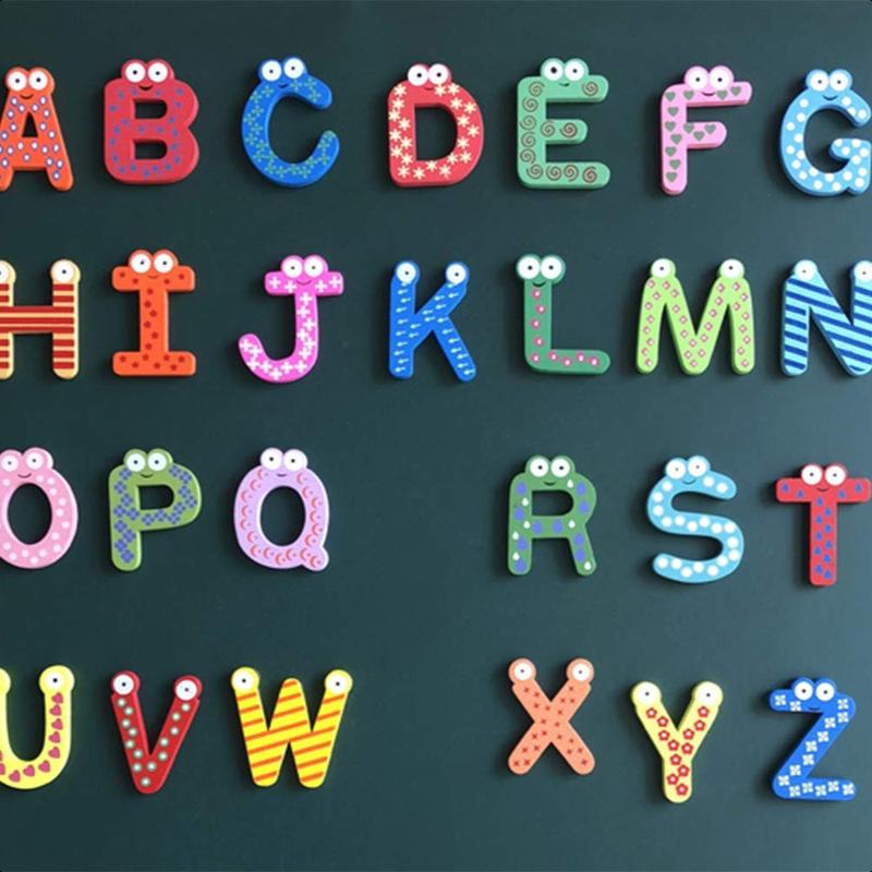 26pcs Wooden Magnets Fridge Letters Wooden Large Magnetic Fridge ABC Alphabet Cute Spelling Learning Game Toys for Boys Girls Preschool Education