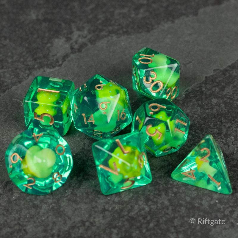 Yellow + Green Mushroom Inclusion DnD Dice Set - Dice for Dungeons and Dragons, D&D Dice, RPG Dice