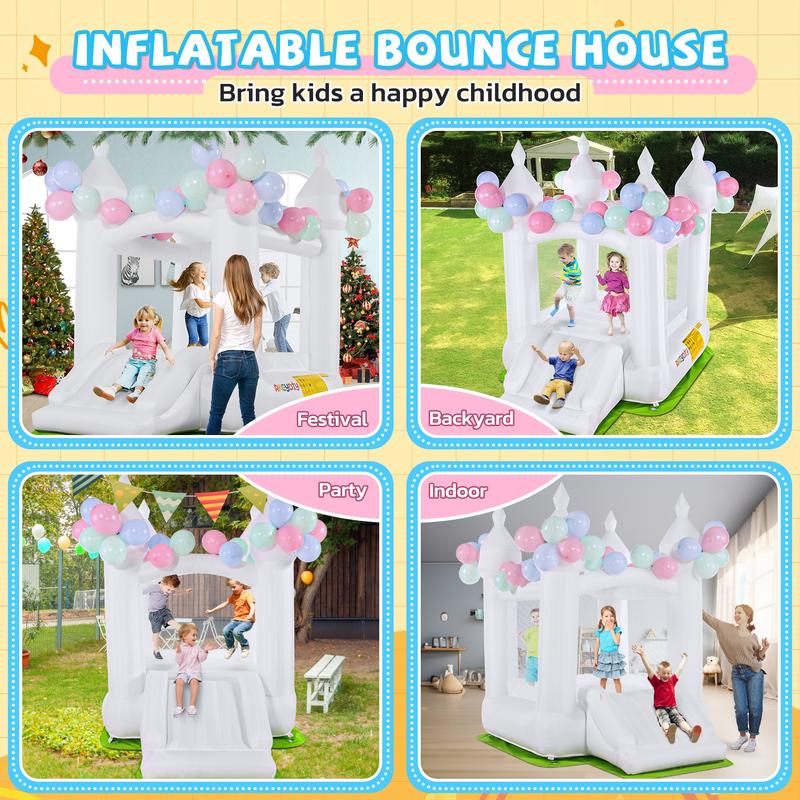 Whubefy White Bounce House, Inflatable White Bouncy Castle for Kids 3-10, Toddler Bouncy House with Slide, Blower, Floor Mat, Balloons, White Jumping Castle for Birthday Wedding Decoration ,Christmas Gifts