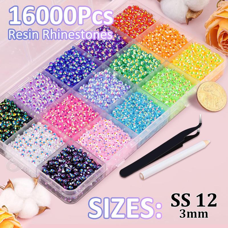 18000Pcs Resin Jelly Rhinestones with Tweezers for Crafting, Mixed-Color 3mm Non Hotfix Flatback Gems, Bedazzling Crystal for DIY Crafts Clothing Tumblers Mugs Shoes Fabric Decor