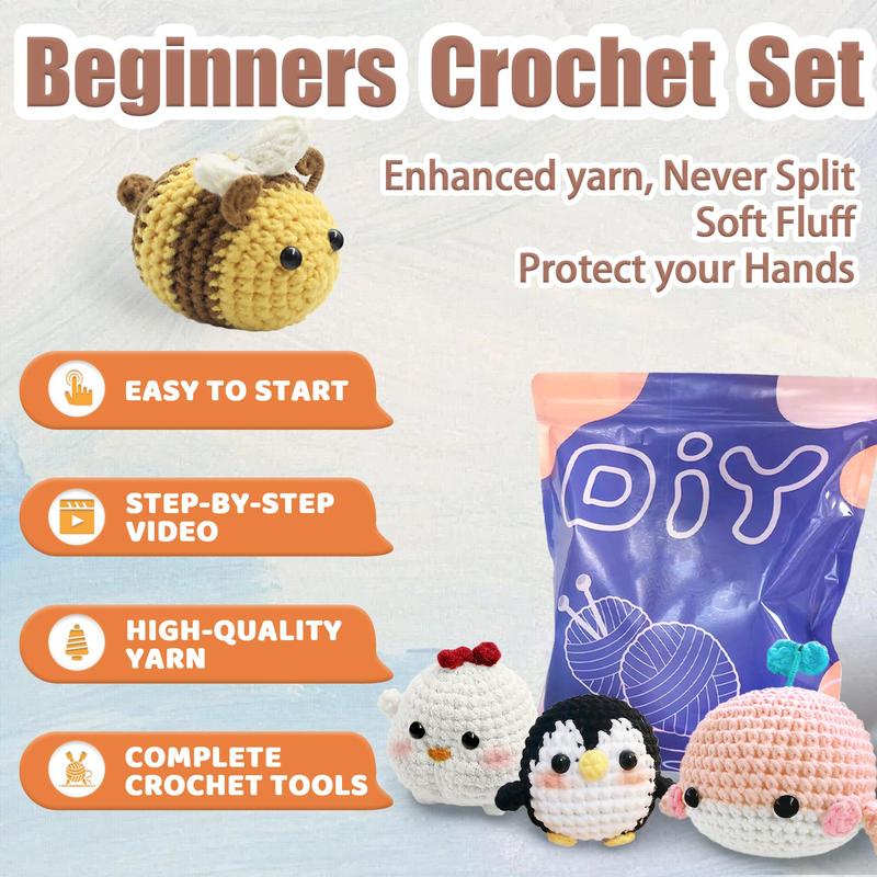 Cute Animal Design Crochet Kit, 4 Counts set Crochet Set with Step-by-step Video Tutorials, DIY Knitting Supplies for Beginners