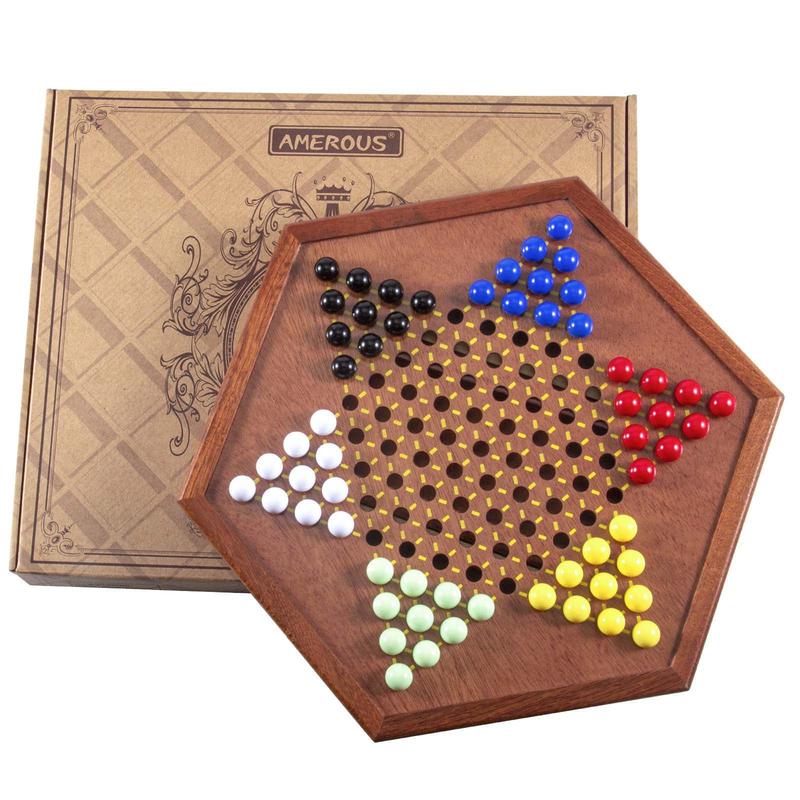 AMEROUS 12.5 inches Wooden Chinese Checkers Set with Storage Drawer - 60 Acrylic Marbles in 6 Colors - 12 BONUS Spare Marbles, Classic Strategy Family Board Game for Kids and Adults