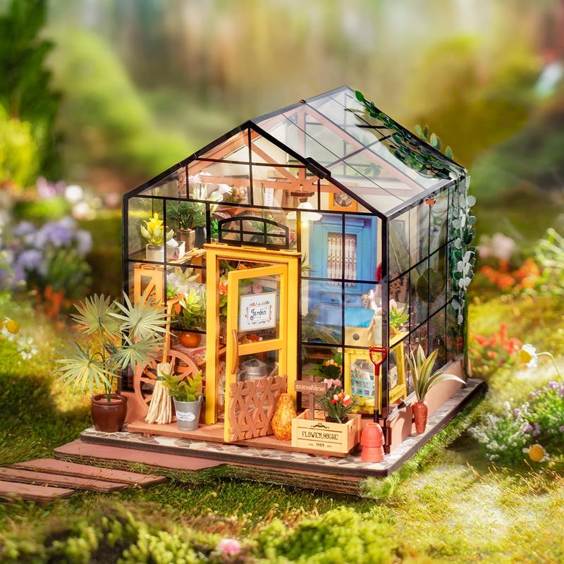 Rolife Cathy's Flower House DIY Dollhouse Wooden Miniature Furniture Kit Mini Green House with LED Best Birthday Gifts