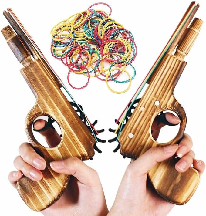 2 Pcs Wooden Rubber Band Gun Kids Outdoor Toy with 100 Rubber Bands 9 Inches Length