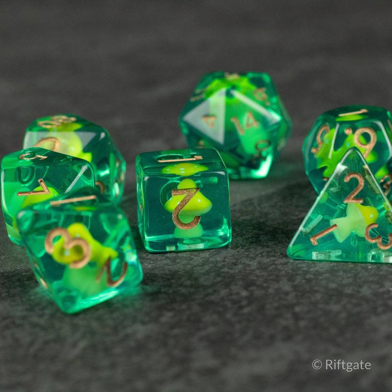 Yellow + Green Mushroom Inclusion DnD Dice Set - Dice for Dungeons and Dragons, D&D Dice, RPG Dice