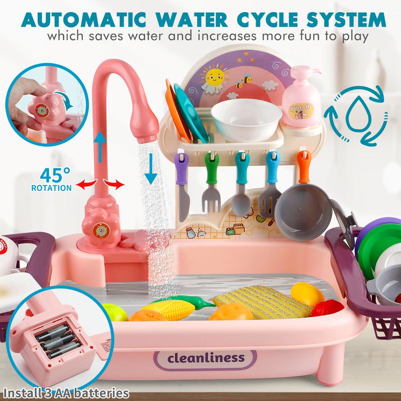 Play Kitchen Sink Toys for Kids with Running Water - Pretend Play Dishes Play House