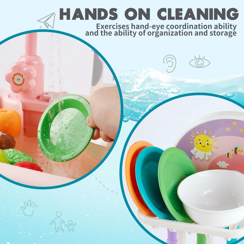 Play Kitchen Sink Toys for Kids with Running Water - Pretend Play Dishes Play House