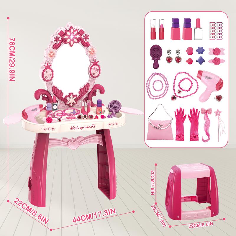 deAO Vanity Makeup Table Toy with Mirror & Chair,Vanity with Light&Music,Pretend Play Makeup Toy with Hair Dryer Toy,Salon Set,Gift