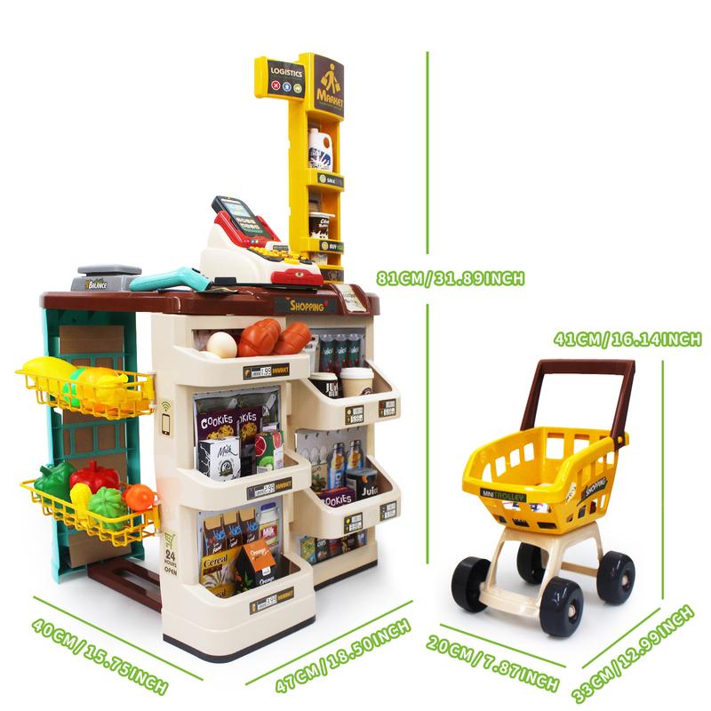 deAO Supermarket Set Role Play Superstore Shop Toys Supermarket with Light, Sound, Shopping Cart and Accessories Included