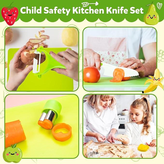 Upgraded version 28 Count Kitchen Tools for Kids, Kitchen Cookware Baking Toy Sets for Kids, Kids Safe Kitchen Knife Set for Real Cooking, Educational Gift for Kids Boys Girls.