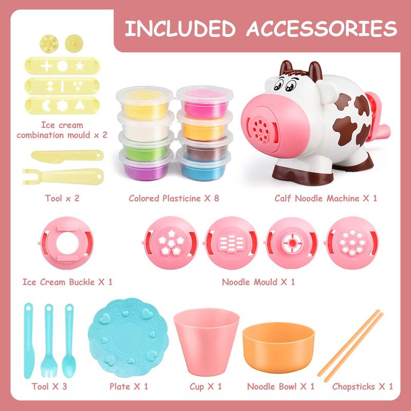 Dough Play Tool Set, 28-Piece Kitchen Creation Noodle Toy Set and Ice Cream Maker Dough Play Set, Birthday Christmas Gift (Includes 8 Colors of Dough)