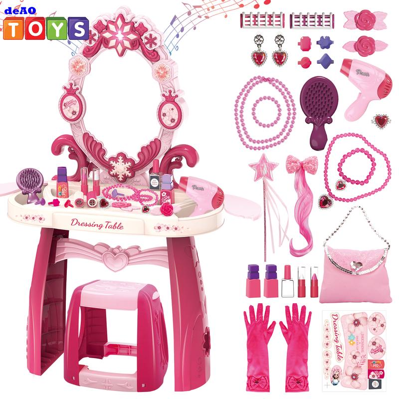 deAO Vanity Makeup Table Toy with Mirror & Chair,Vanity with Light&Music,Pretend Play Makeup Toy with Hair Dryer Toy,Salon Set,Gift