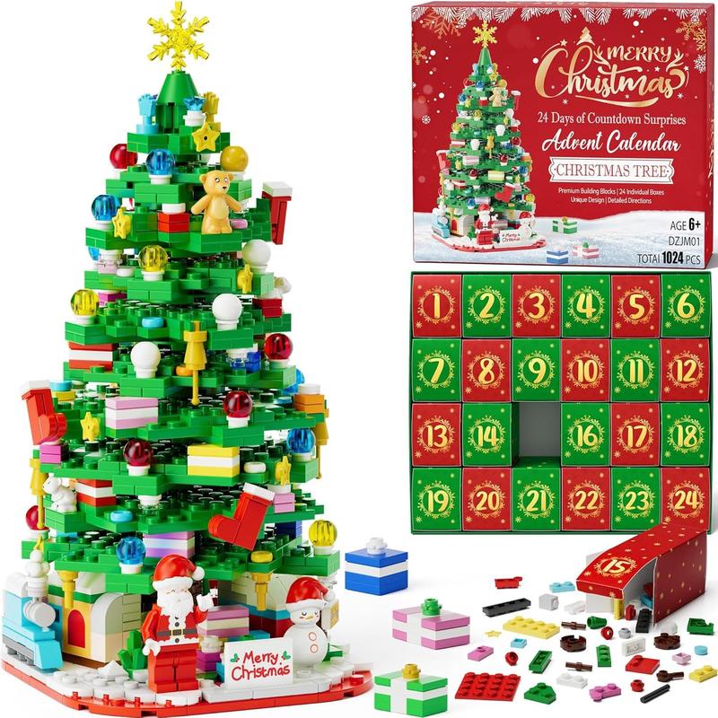 Advent Calendar 2024 for Kids Teens Adults, 24 Days Surprise Christmas Tree Building Blocks Christmas Countdown Calendar Gift Box with 1024 count Xmas Building Bricks Toy Decor for Boys Girls Women Men