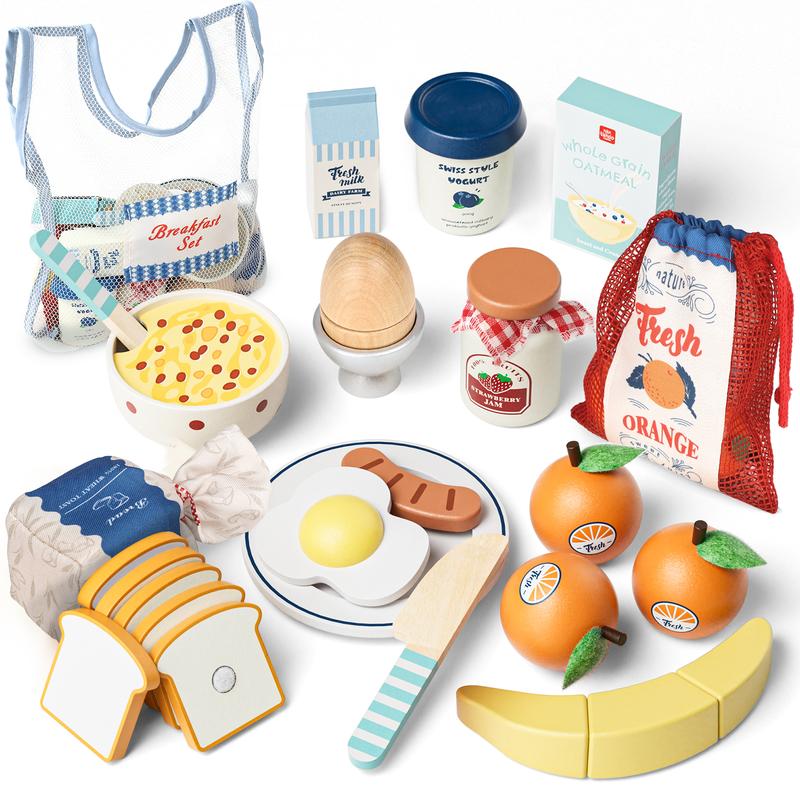 Play Food Sets for Kitchen, Wooden Toys for Gifts, Pretend Play, Wooden breakfast toys，Cutting food toys，Toy food educational gifts，Accessories with breakfast playfood play pretend coc in