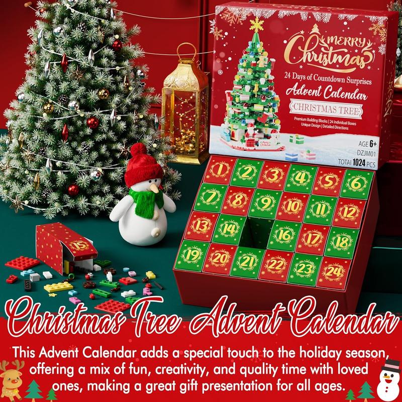 Advent Calendar 2024 for Kids Teens Adults, 24 Days Surprise Christmas Tree Building Blocks Christmas Countdown Calendar Gift Box with 1024 count Xmas Building Bricks Toy Decor for Boys Girls Women Men