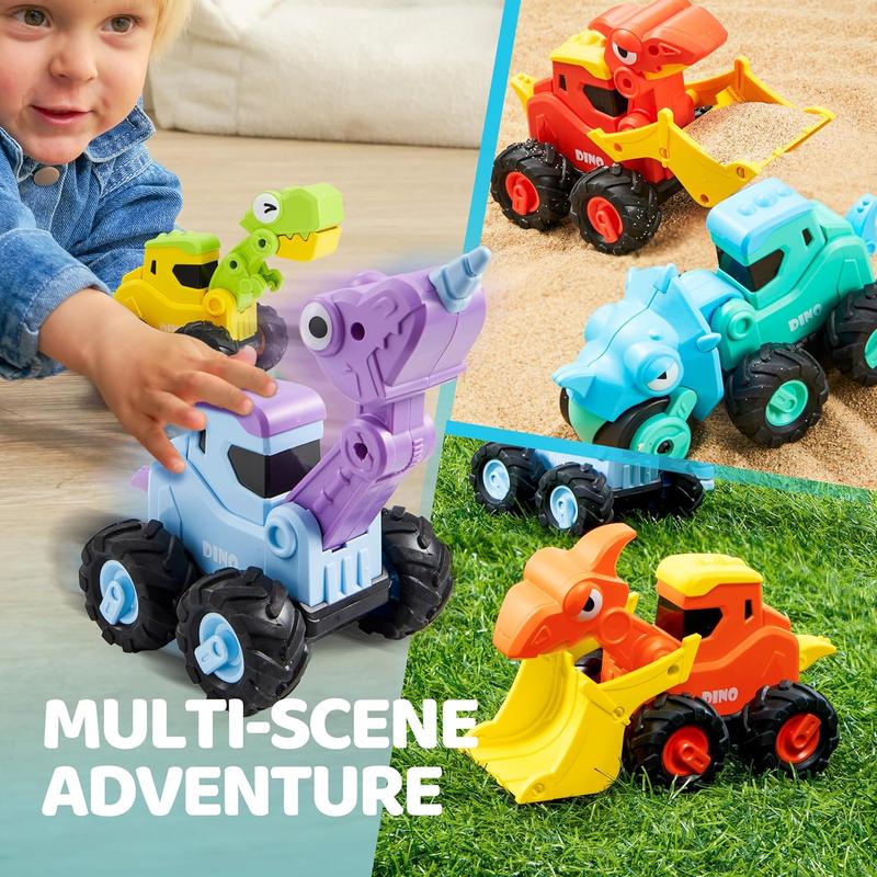 Christmas 2024 Gifts Baby Car Toy for 1 2 3 Years Old Boys Girls, Dinosaur Truck Toys for Toddlers, Transforming Robot Toys for Toddlers, 4 Pack Construction Vehicles Set, Dinosaur Racing Car Toys, Press & Go