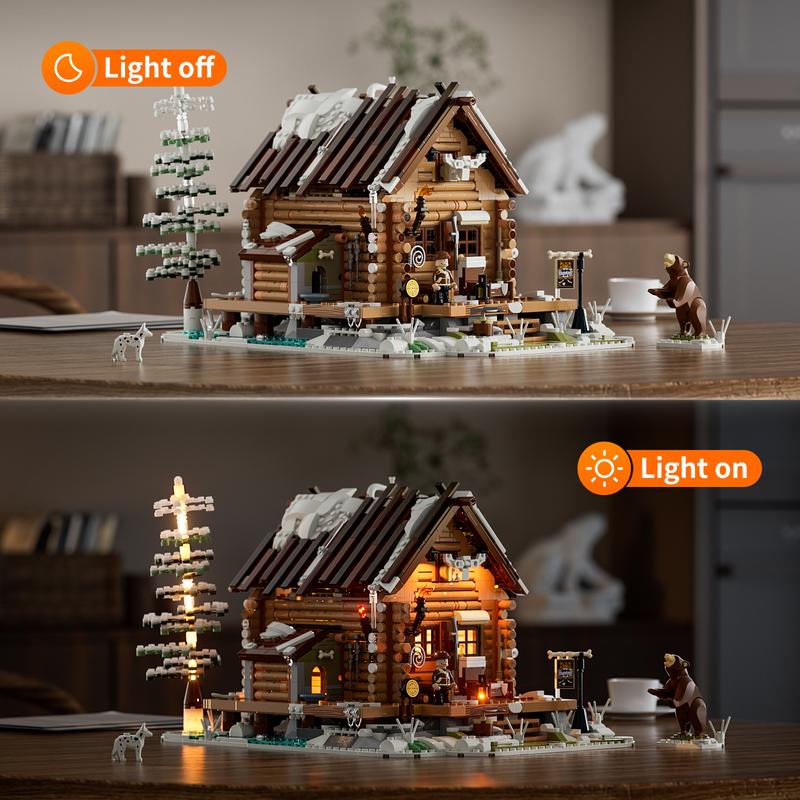 FUNWHOLE Hunting-Cabin 2036 Pcs-Lighting Building-Bricks Set - Retro Wooden Cabin LED Light Construction Building Model stress-relief Toys Gift Set for Boys and Girls Ages 18+