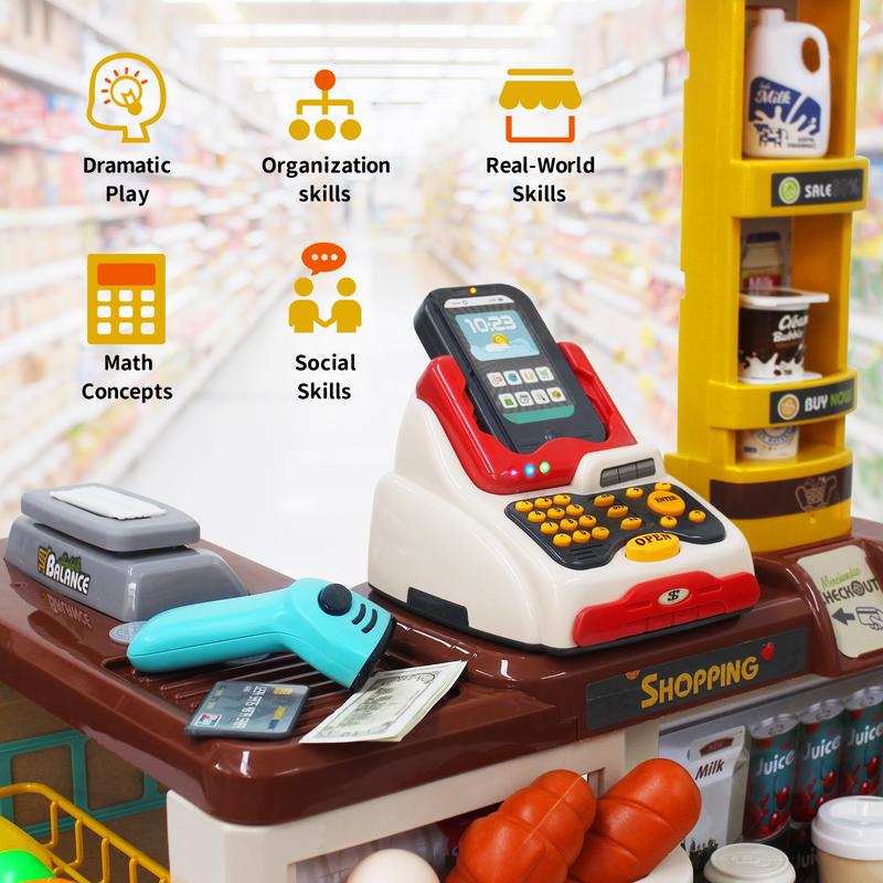 deAO Supermarket Set Role Play Superstore Shop Toys Supermarket with Light, Sound, Shopping Cart and Accessories Included