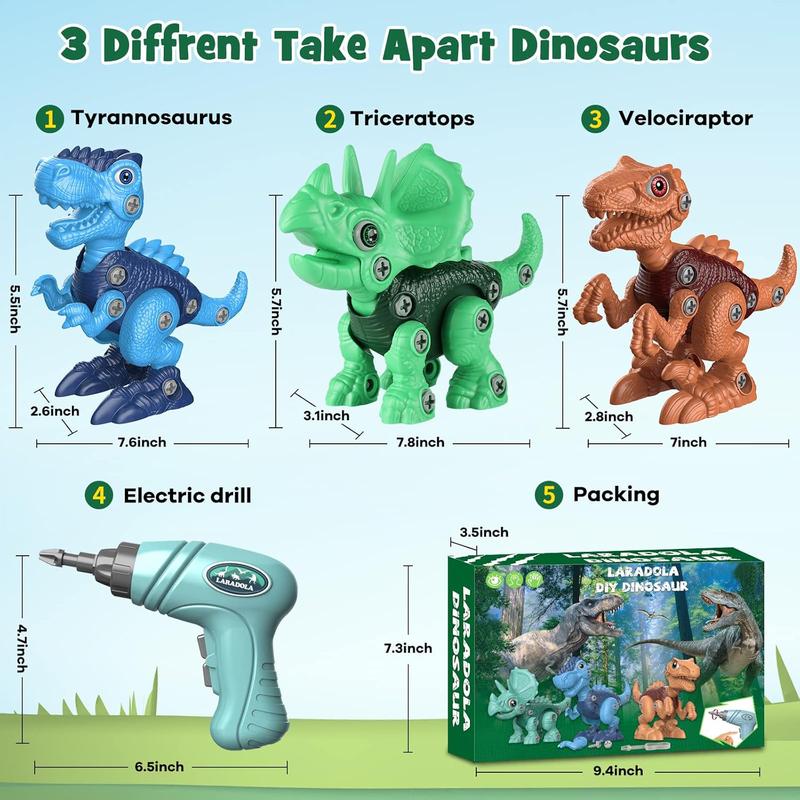 Christmas 2024 Gifts Kids Toys Laradola 3 Dinosaur Animal Rosie Toy for Kid Gift Take Apart STEM ,Construction Building Dino with Electric Drill, Party Christmas Birthday Gifts for Boys Girls