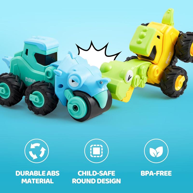 Christmas 2024 Gifts Baby Car Toy for 1 2 3 Years Old Boys Girls, Dinosaur Truck Toys for Toddlers, Transforming Robot Toys for Toddlers, 4 Pack Construction Vehicles Set, Dinosaur Racing Car Toys, Press & Go