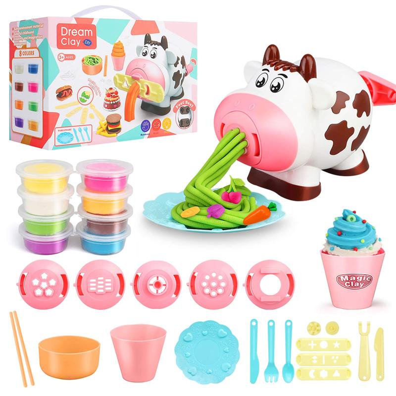 Dough Play Tool Set, 28-Piece Kitchen Creation Noodle Toy Set and Ice Cream Maker Dough Play Set, Birthday Christmas Gift (Includes 8 Colors of Dough)