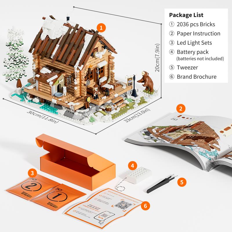 FUNWHOLE Hunting-Cabin 2036 Pcs-Lighting Building-Bricks Set - Retro Wooden Cabin LED Light Construction Building Model stress-relief Toys Gift Set for Boys and Girls Ages 18+