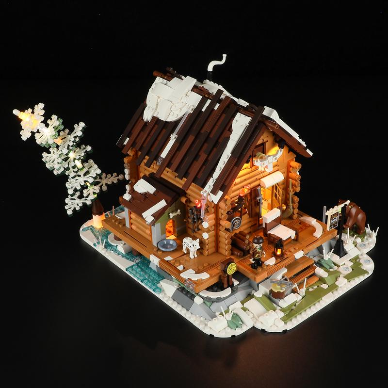 FUNWHOLE Hunting-Cabin 2036 Pcs-Lighting Building-Bricks Set - Retro Wooden Cabin LED Light Construction Building Model stress-relief Toys Gift Set for Boys and Girls Ages 18+