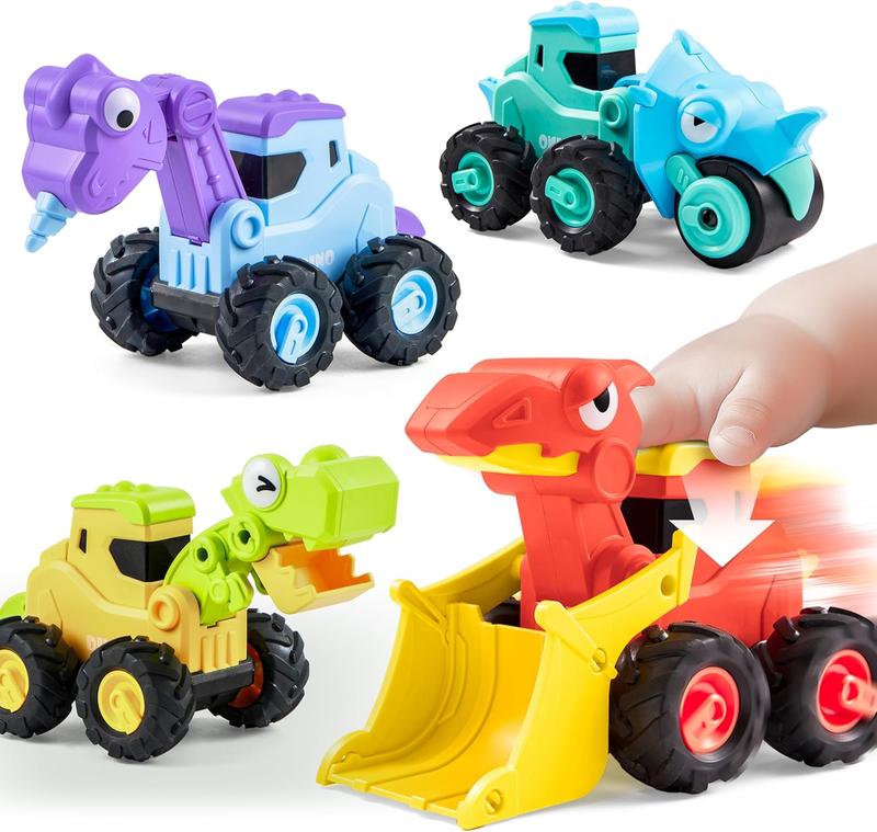 Christmas 2024 Gifts Baby Car Toy for 1 2 3 Years Old Boys Girls, Dinosaur Truck Toys for Toddlers, Transforming Robot Toys for Toddlers, 4 Pack Construction Vehicles Set, Dinosaur Racing Car Toys, Press & Go