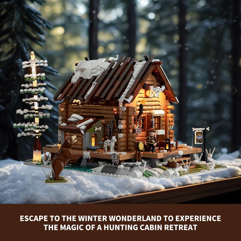 FUNWHOLE Hunting-Cabin 2036 Pcs-Lighting Building-Bricks Set - Retro Wooden Cabin LED Light Construction Building Model stress-relief Toys Gift Set for Boys and Girls Ages 18+