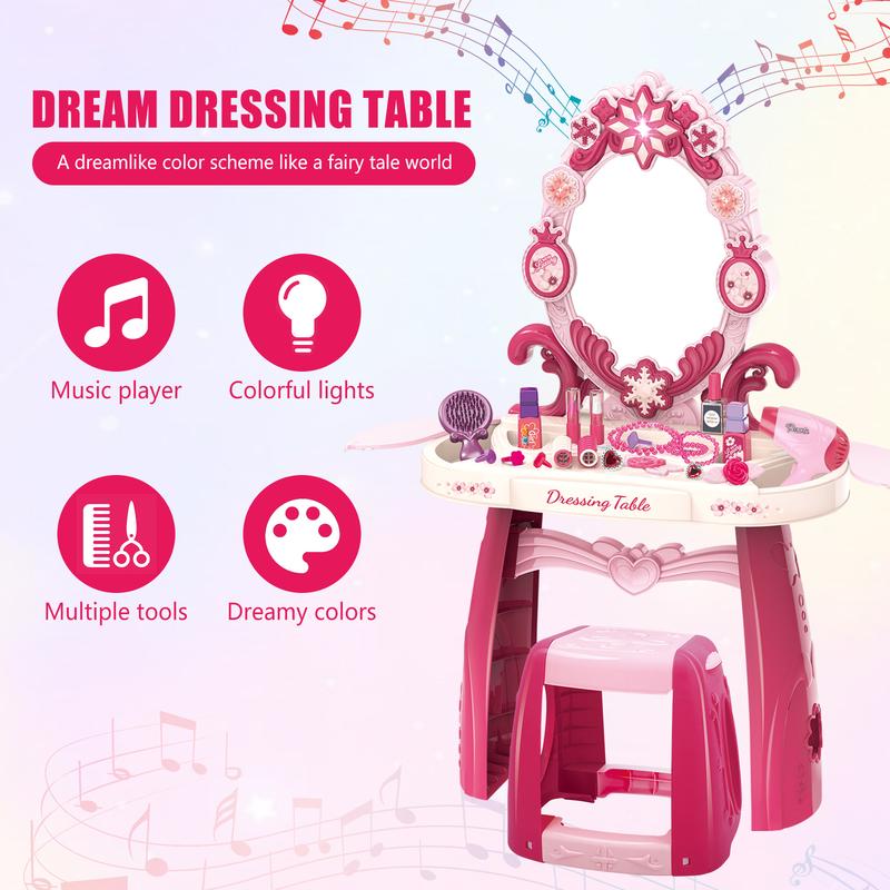 deAO Vanity Makeup Table Toy with Mirror & Chair,Vanity with Light&Music,Pretend Play Makeup Toy with Hair Dryer Toy,Salon Set,Gift