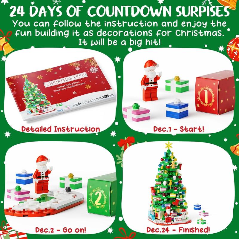 Advent Calendar 2024 for Kids Teens Adults, 24 Days Surprise Christmas Tree Building Blocks Christmas Countdown Calendar Gift Box with 1024 count Xmas Building Bricks Toy Decor for Boys Girls Women Men