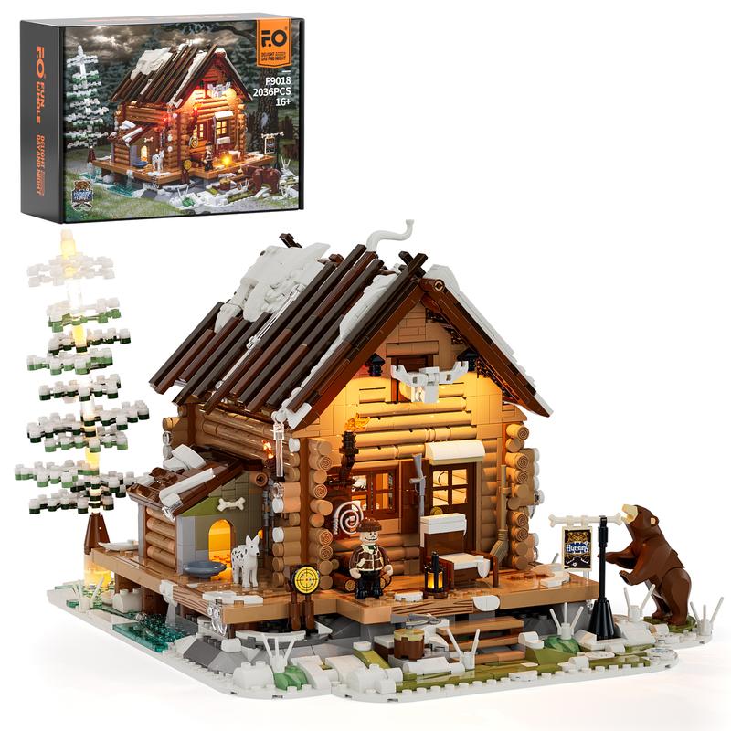 FUNWHOLE Hunting-Cabin 2036 Pcs-Lighting Building-Bricks Set - Retro Wooden Cabin LED Light Construction Building Model stress-relief Toys Gift Set for Boys and Girls Ages 18+