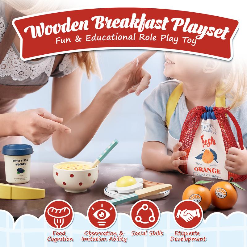 Play Food Sets for Kitchen, Wooden Toys for Gifts, Pretend Play, Wooden breakfast toys，Cutting food toys，Toy food educational gifts，Accessories with breakfast playfood play pretend coc in