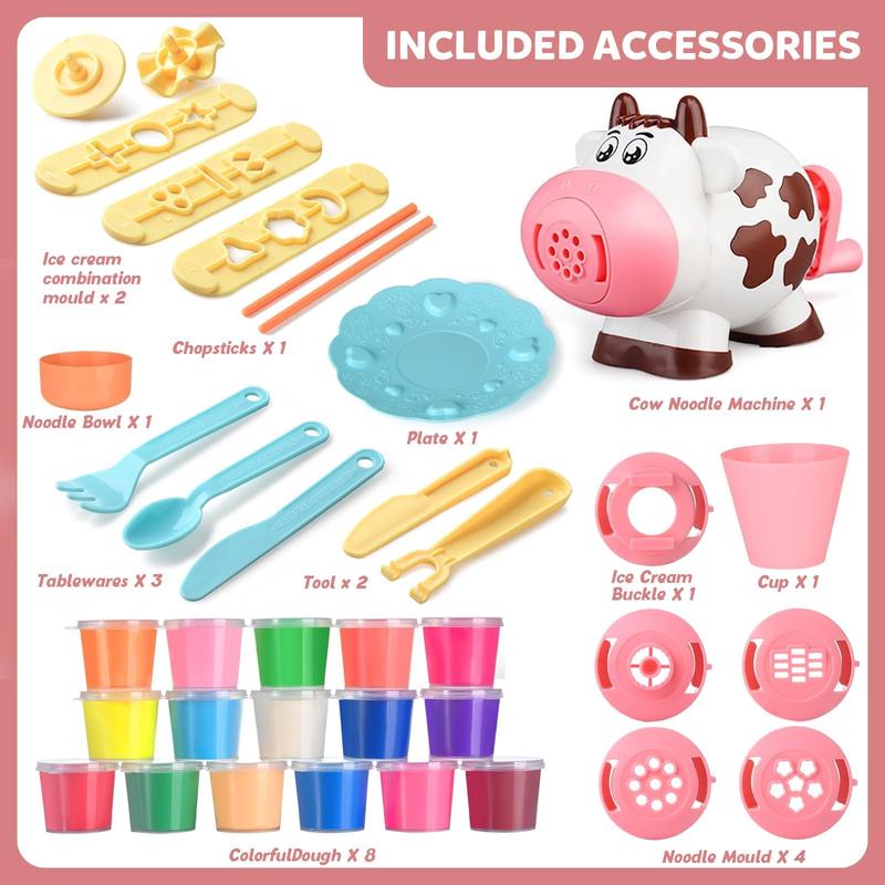 Dough Play Tool Set, 28-Piece Kitchen Creation Noodle Toy Set and Ice Cream Maker Dough Play Set, Birthday Christmas Gift (Includes 8 Colors of Dough)