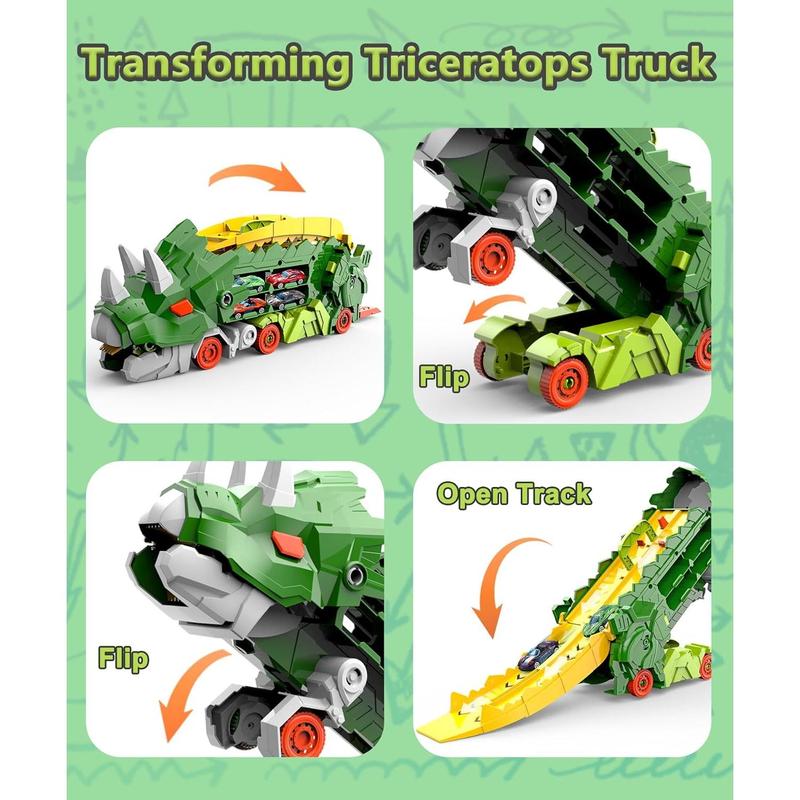 Dinosaur Truck Toys for Kids, Transforms into Triceratops with Race Track Set, Ultimate City Dinosaur Transporter Hauler with 4 Cars, Birthday Gifts Toys for Boys 3 4 5 6 7 8 Years Old Green