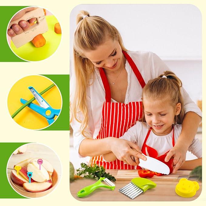 Upgraded version 28 Count Kitchen Tools for Kids, Kitchen Cookware Baking Toy Sets for Kids, Kids Safe Kitchen Knife Set for Real Cooking, Educational Gift for Kids Boys Girls.