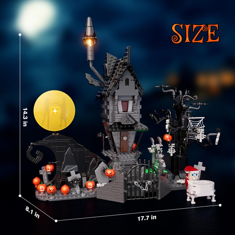 (957 pcs) Upgraded Thrilling Halloween Haunted Mansion House Building Blocks Set with Glowing LED Lighting, Ideal Christmas & Halloween Gifts for Fans and Kids